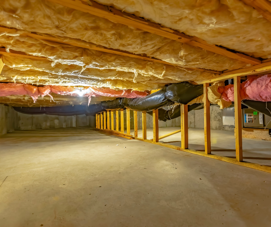 image of a crawl space under a home showing yellow insulation and air ducts