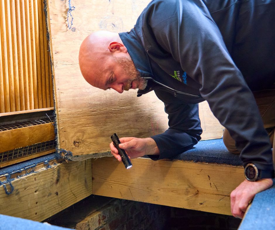 man with flashlight looking into a crawl space in the ground