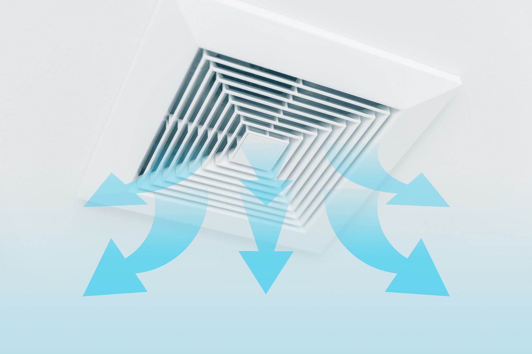 Conceptual Image of Blue Arrows Coming Out of a Ceiling Air Vent to Illustrate Air Flow