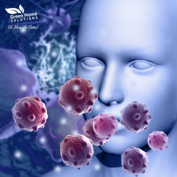 Illustration of a head focused on the nose inhaling allergy particles