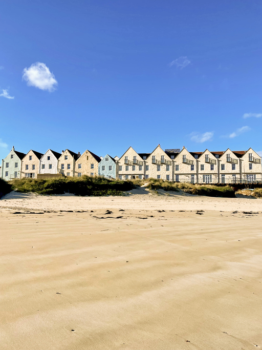 sandy beach looking back at a row of houses on the water